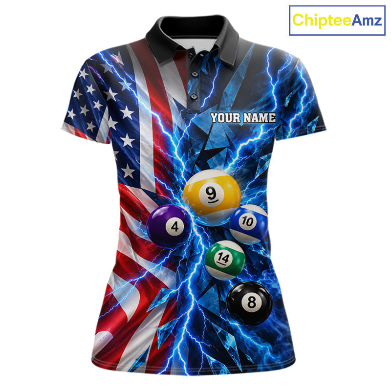 Blue Lightning Thunder American Flag Billiard Shirt Custom Pool Balls Billiard Team Jersey