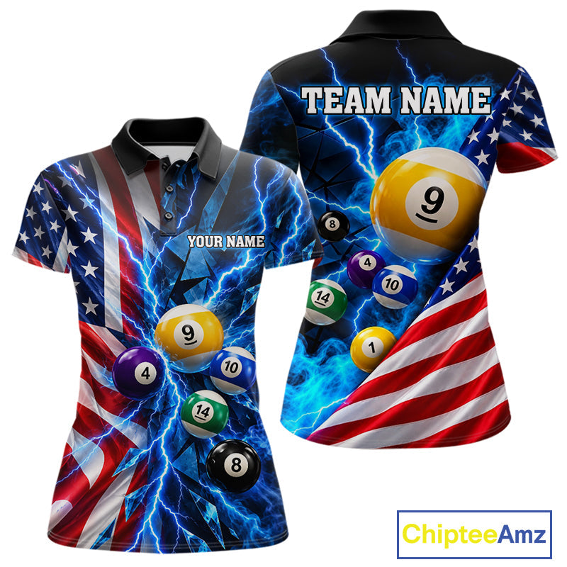 Blue Lightning Thunder American Flag Billiard Shirt Custom Pool Balls Billiard Team Jersey