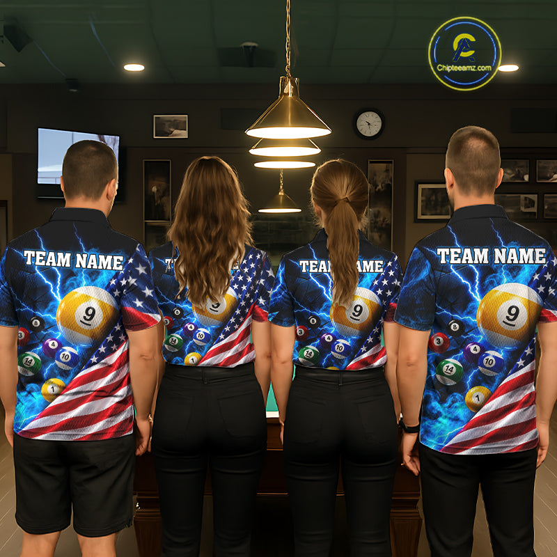 Blue Lightning Thunder American Flag Billiard Shirt Custom Pool Balls Billiard Team Jersey
