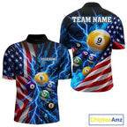Blue Lightning Thunder American Flag Billiard Shirt Custom Pool Balls Billiard Team Jersey