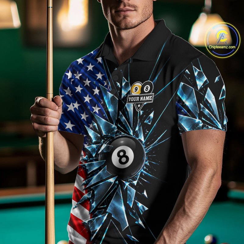 American Flag Break Glass 8 Ball & 9 Ball Billiard Shirt Custom Patriotic Pool Team Jersey