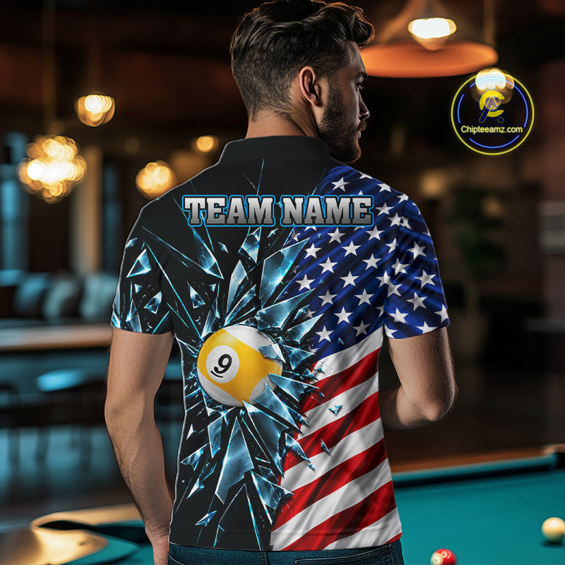 American Flag Break Glass 8 Ball & 9 Ball Billiard Shirt Custom Patriotic Pool Team Jersey