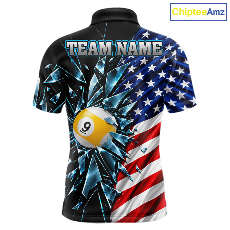 American Flag Break Glass 8 Ball & 9 Ball Billiard Shirt Custom Patriotic Pool Team Jersey
