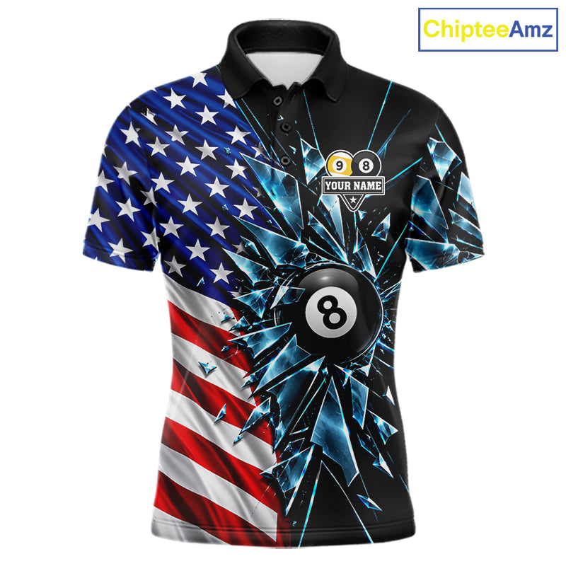 American Flag Break Glass 8 Ball & 9 Ball Billiard Shirt Custom Patriotic Pool Team Jersey
