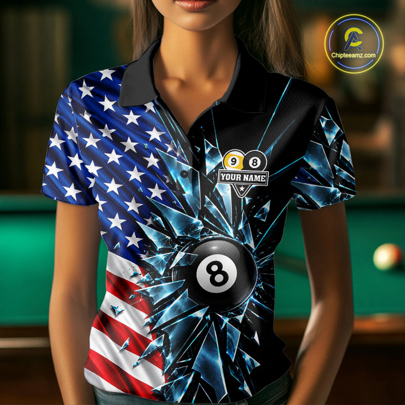 American Flag Break Glass 8 Ball & 9 Ball Billiard Shirt Custom Patriotic Pool Team Jersey