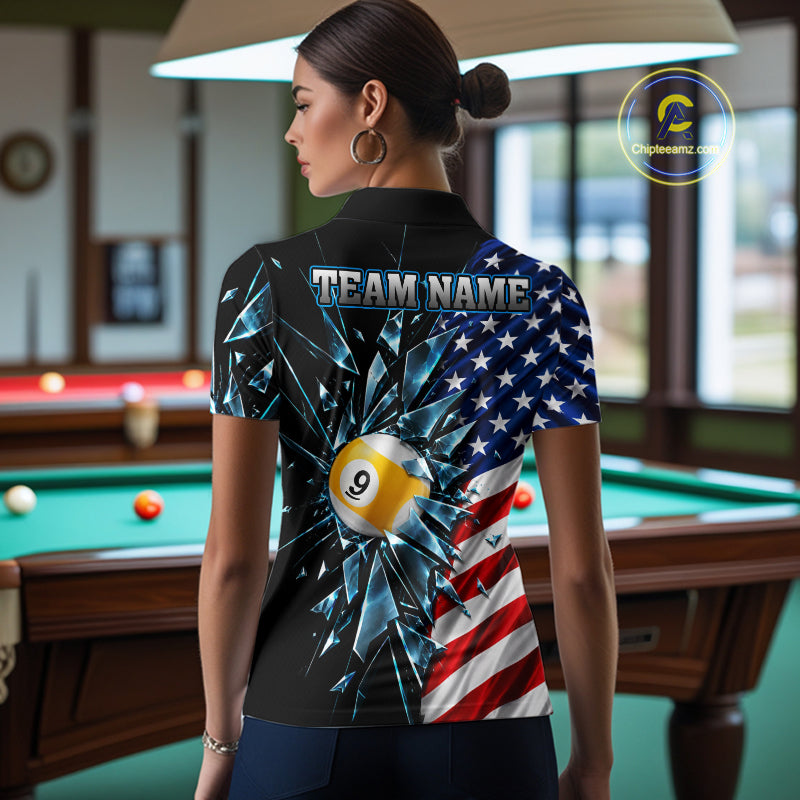 American Flag Break Glass 8 Ball & 9 Ball Billiard Shirt Custom Patriotic Pool Team Jersey