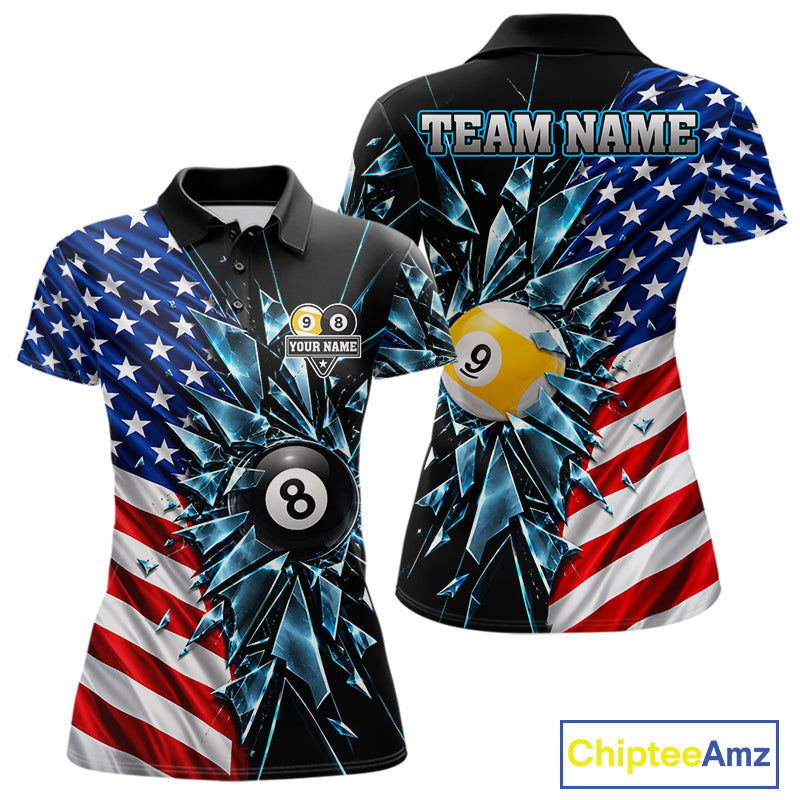 American Flag Break Glass 8 Ball & 9 Ball Billiard Shirt Custom Patriotic Pool Team Jersey