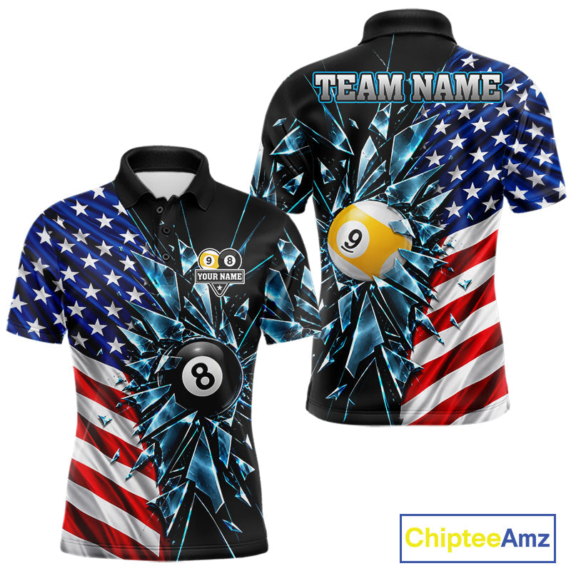 American Flag Break Glass 8 Ball & 9 Ball Billiard Shirt Custom Patriotic Pool Team Jersey