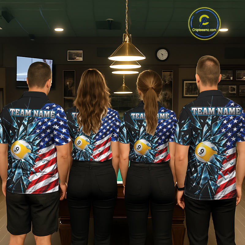 American Flag Break Glass 8 Ball & 9 Ball Billiard Shirt Custom Patriotic Pool Team Jersey