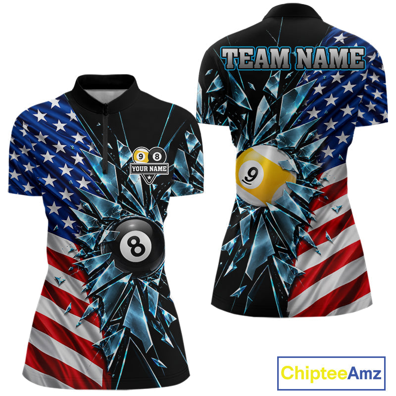 American Flag Break Glass 8 Ball & 9 Ball Billiard Shirt Custom Patriotic Pool Team Jersey