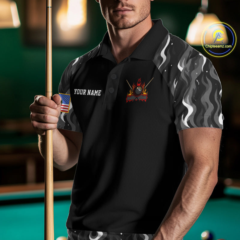 Personalized Retro Camo Flame US Flag Billiard Shirt Custom Pool Team Jersey Polo, 1/4 Zip