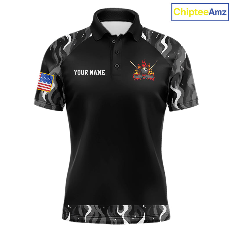 Personalized Retro Camo Flame US Flag Billiard Shirt Custom Pool Team Jersey Polo, 1/4 Zip