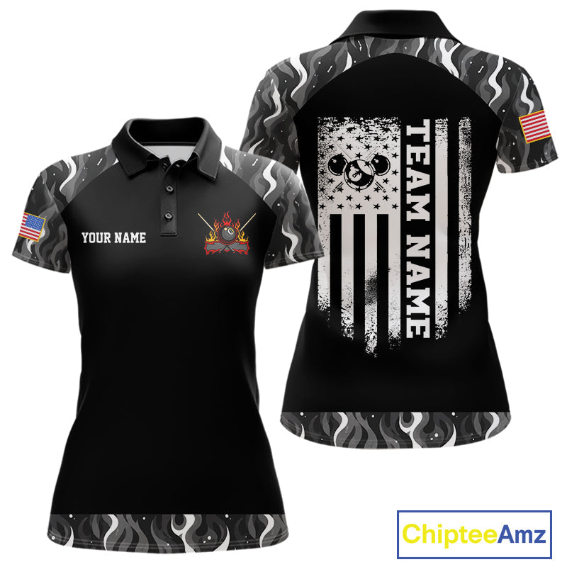 Personalized Retro Camo Flame US Flag Billiard Shirt Custom Pool Team Jersey Polo, 1/4 Zip