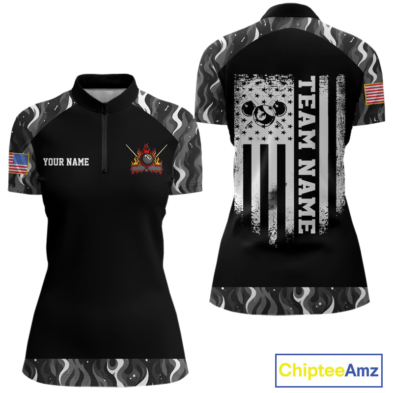 Personalized Retro Camo Flame US Flag Billiard Shirt Custom Pool Team Jersey Polo, 1/4 Zip