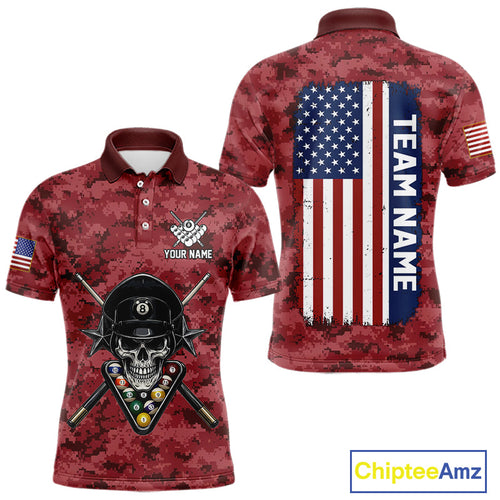 Personalized Red Camo Skull Billiard Shirt Custom Patriotic US Flag Pool Team Jersey