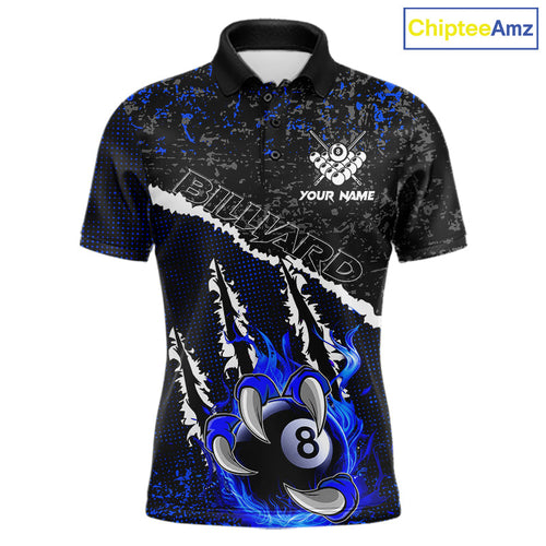 Black and Blue Flaming Claw 8 Ball Billiard Pool Shirts Custom Billiard League Team Jersey
