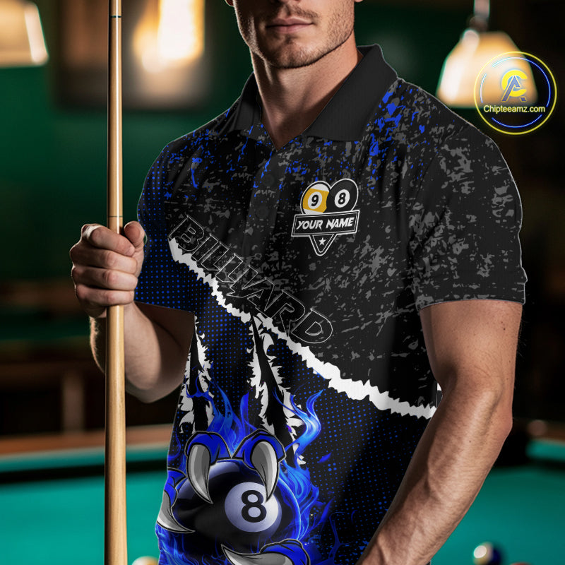 Black and Blue Flaming Claw 8 Ball & 9 Ball Billiard Shirts Custom Pool Team Jersey