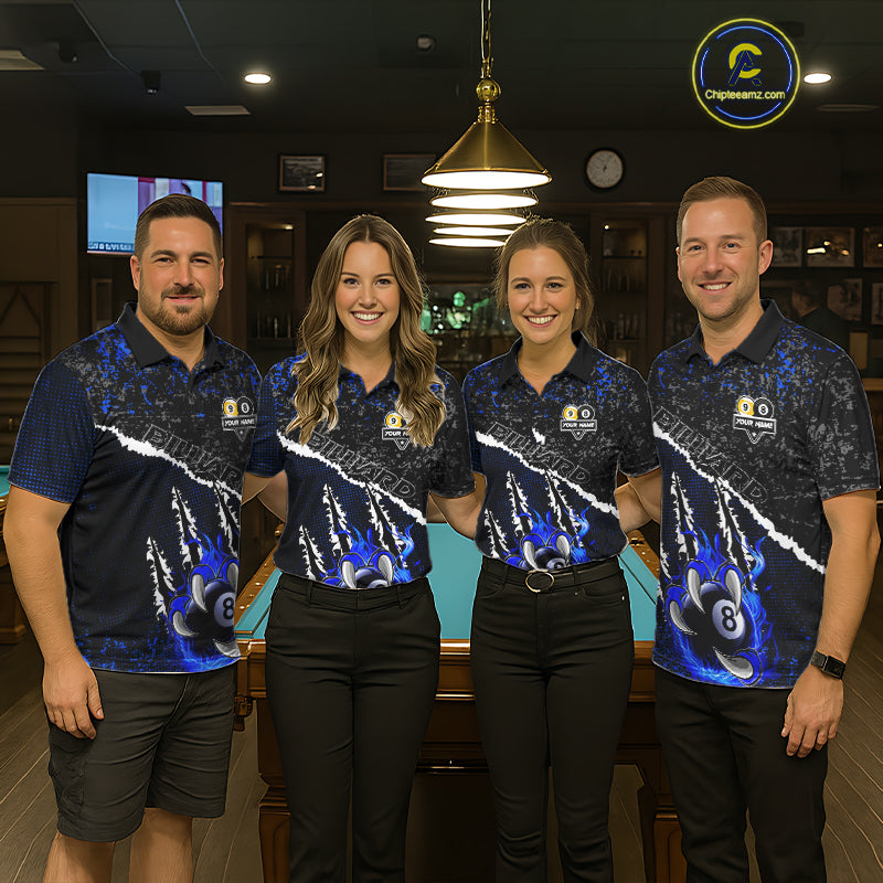 Black and Blue Flaming Claw 8 Ball & 9 Ball Billiard Shirts Custom Pool Team Jersey