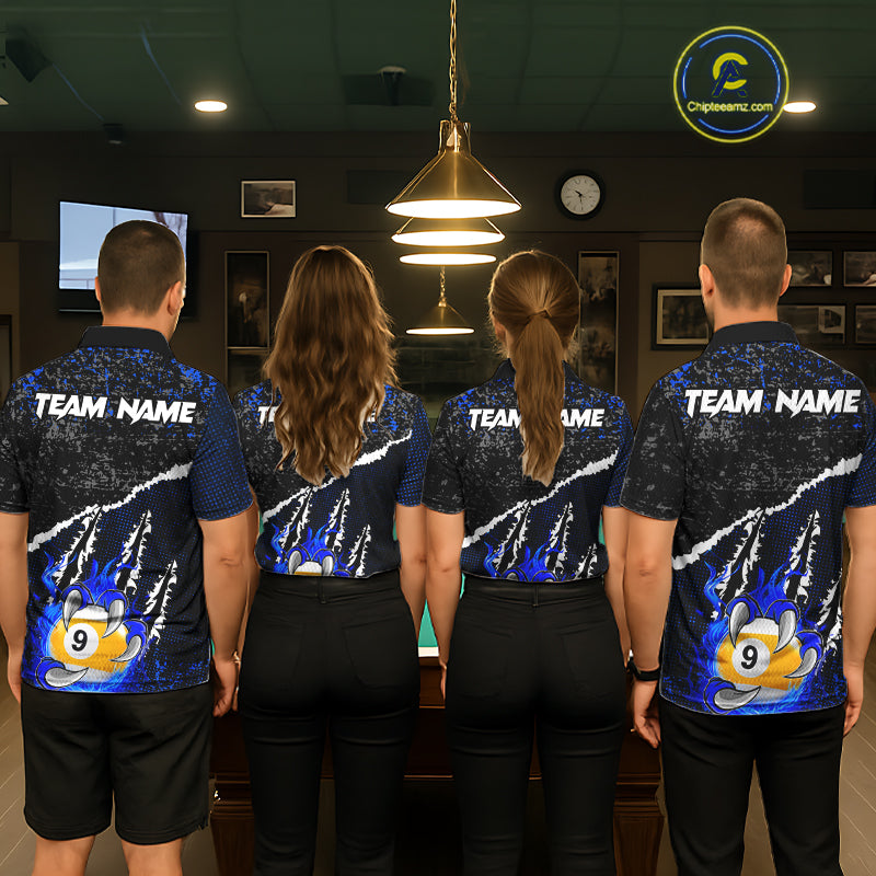 Black and Blue Flaming Claw 8 Ball & 9 Ball Billiard Shirts Custom Pool Team Jersey