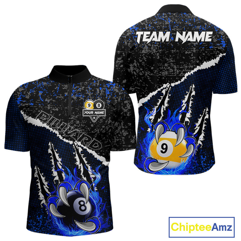 Black and Blue Flaming Claw 8 Ball & 9 Ball Billiard Shirts Custom Pool Team Jersey