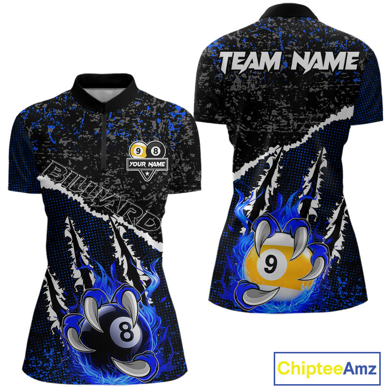 Black and Blue Flaming Claw 8 Ball & 9 Ball Billiard Shirts Custom Pool Team Jersey