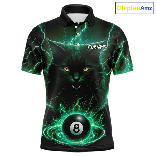 Turquoise 8 Ball Lightning Cat Billiard Shirt Custom Pool Team Jersey Polo & 1/4 Zip