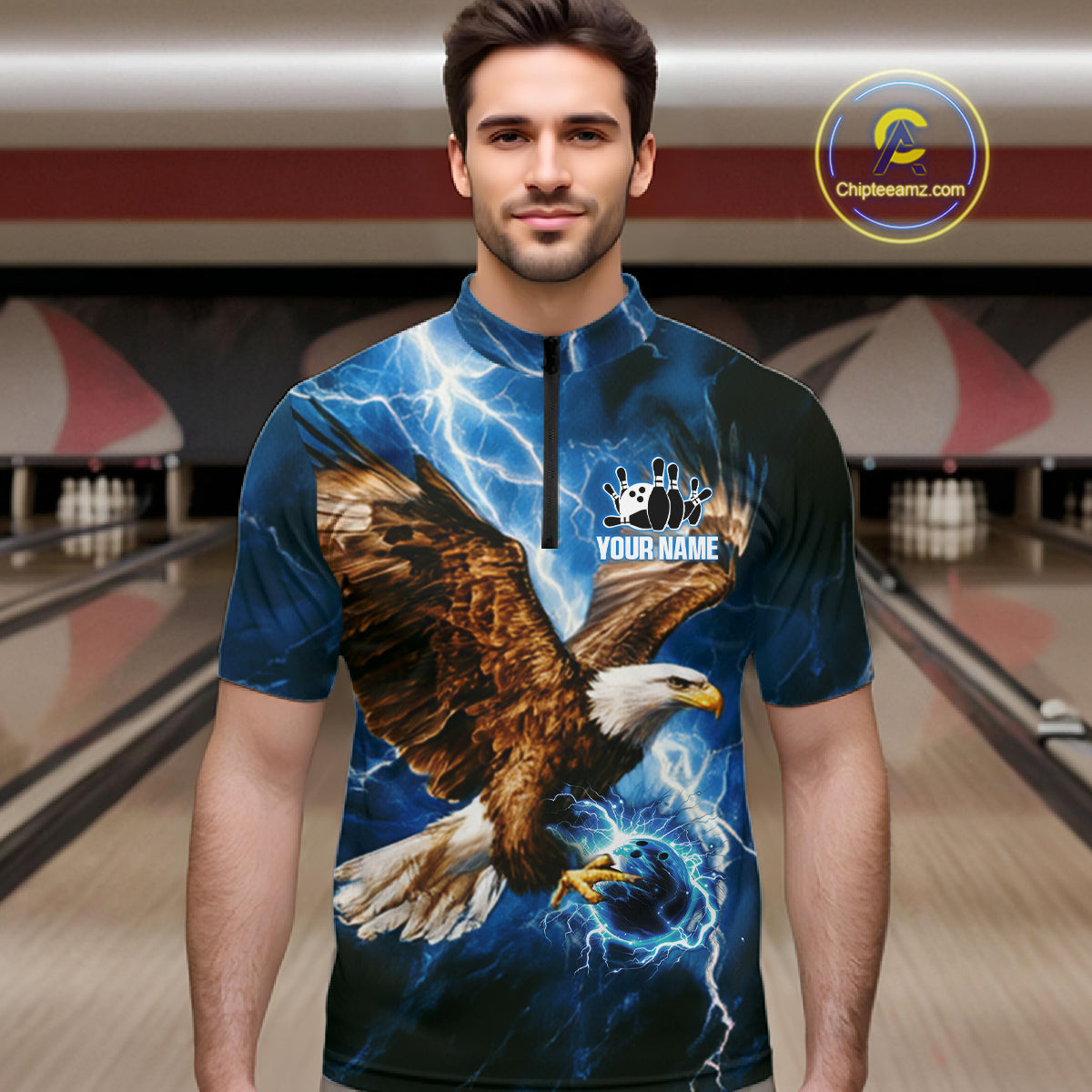 Blue Lightning Thunder Custom Eagle Bowling Shirts Personalized Bowling League Team Jersey