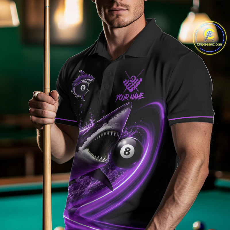 Black And Purple 8 Ball Shark Billiard League Shirt Custom Pool Team Jersey Polo & 1/4 Zip