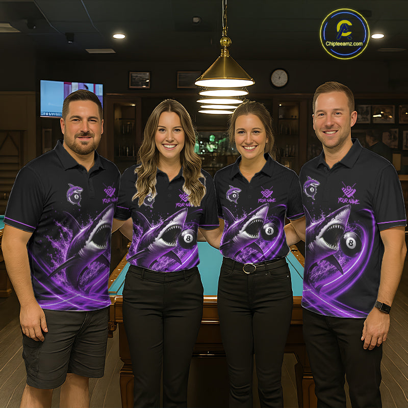 Black And Purple 8 Ball Shark Billiard League Shirt Custom Pool Team Jersey Polo & 1/4 Zip