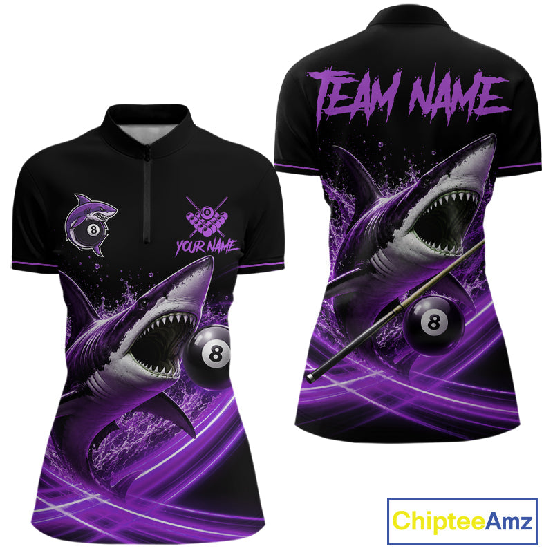 Black And Purple 8 Ball Shark Billiard League Shirt Custom Pool Team Jersey Polo & 1/4 Zip