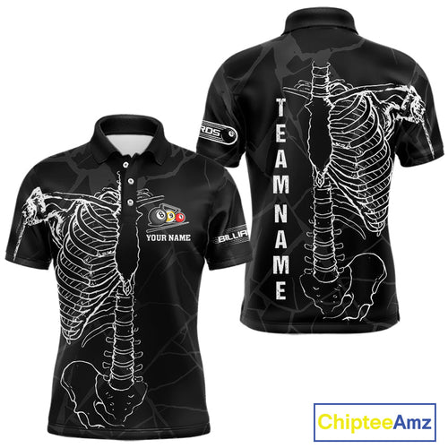 White Skeleton Custom Black Grunge Billiard Shirts, Funny Billiard Jerseys Short Sleeve