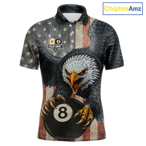 Personalized 8 Ball & 9 Ball Vintage American Flag Eagle Billiard Shirt, Pool Team Jersey
