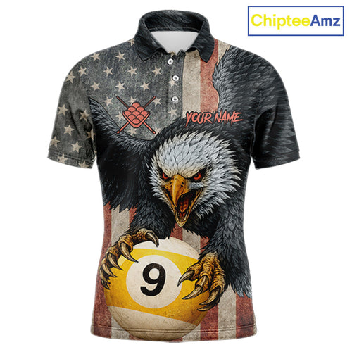 Personalized Vintage American Flag Eagle Billiard Shirt, 9 Ball Pool Billiard Team Jerseys