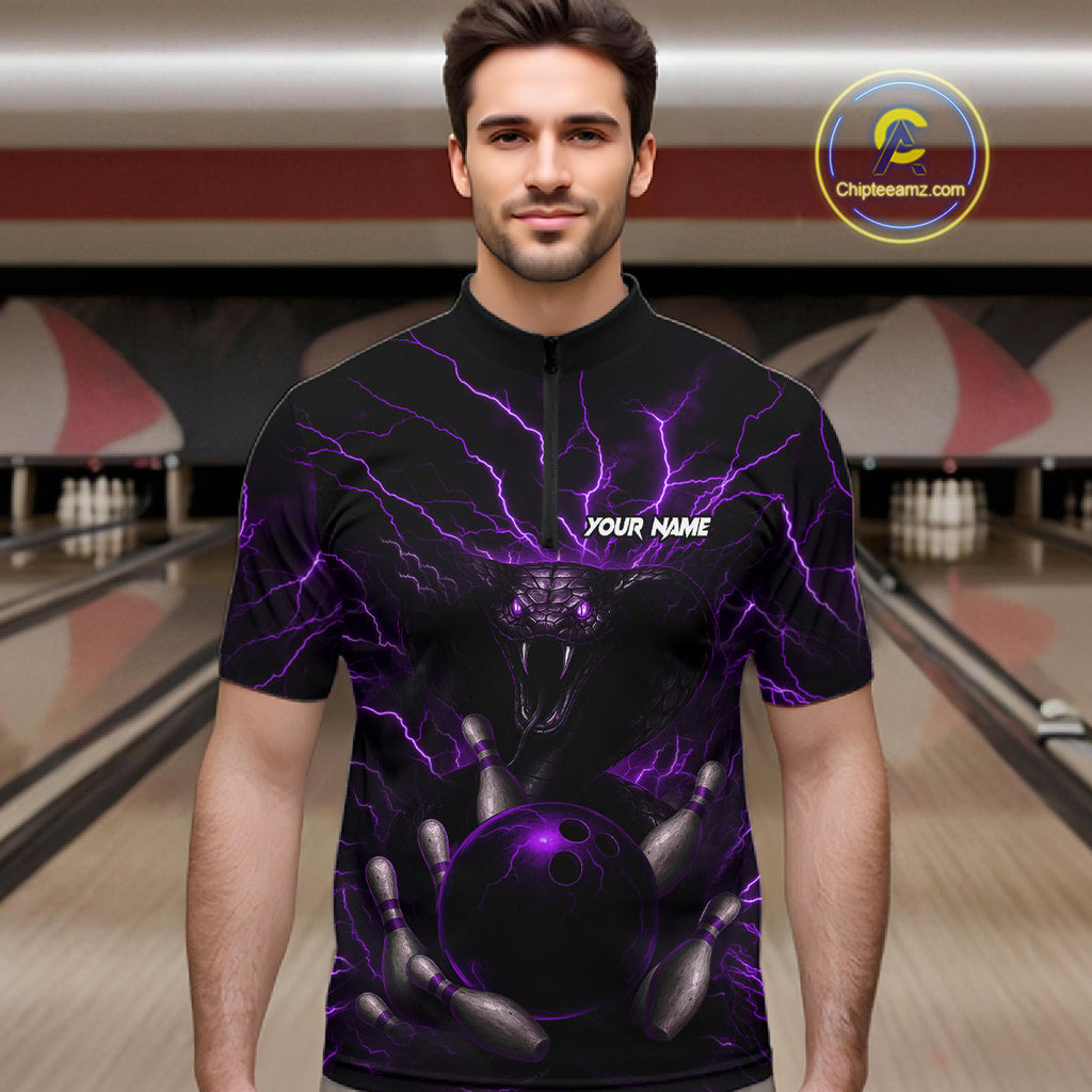 Personalized Purple Lightning Thunder Cobra Snake Bowling Shirt Custom Bowling Team Jersey