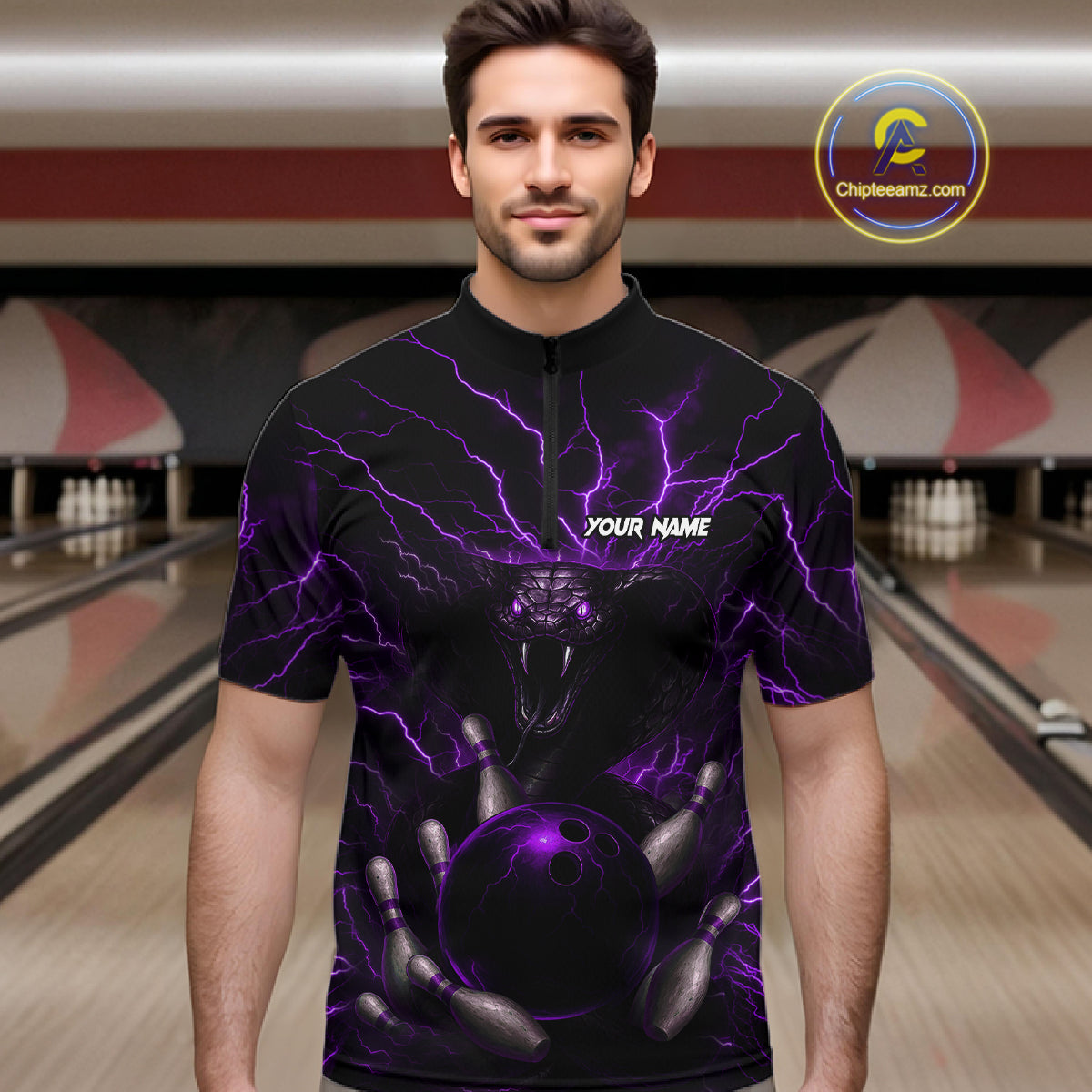 Personalized Purple Lightning Thunder Cobra Snake Bowling Shirt Custom Bowling Team Jersey