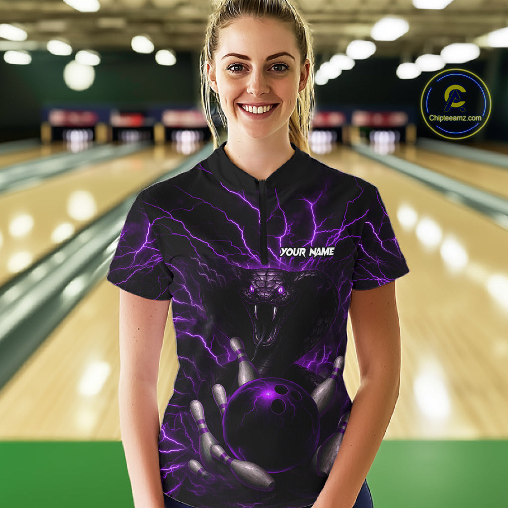 Personalized Purple Lightning Thunder Cobra Snake Bowling Shirt Custom Bowling Team Jersey