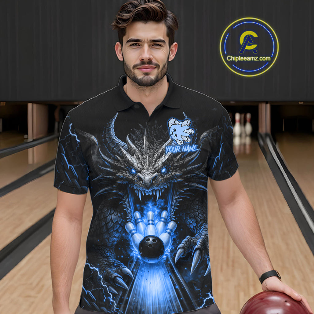 Personalized Dragon Bowling Jersey Custom Blue Flame Bowling Team Shirt Polo & 1/4 Zip