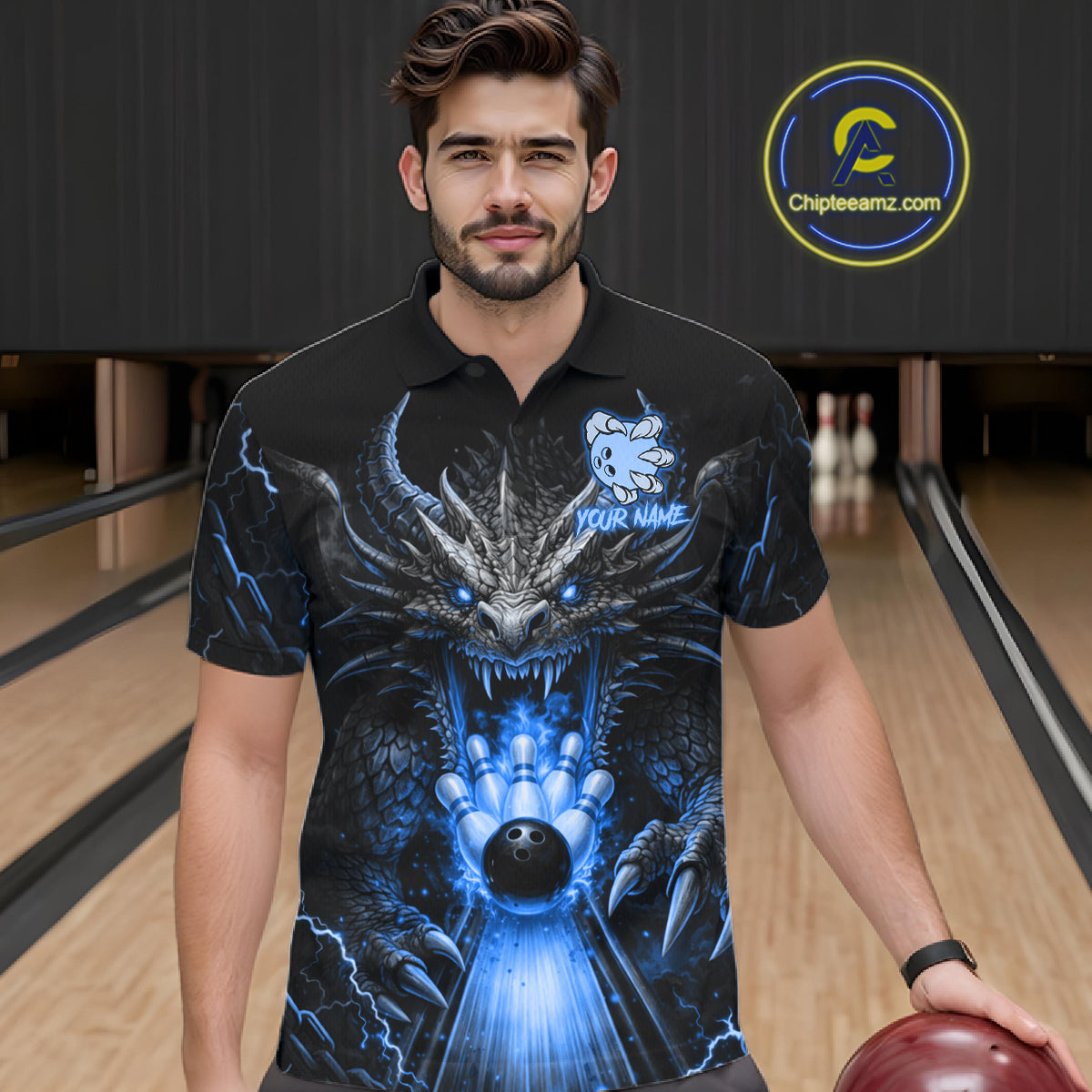 Personalized Dragon Bowling Jersey Custom Blue Flame Bowling Team Shirt Polo & 1/4 Zip