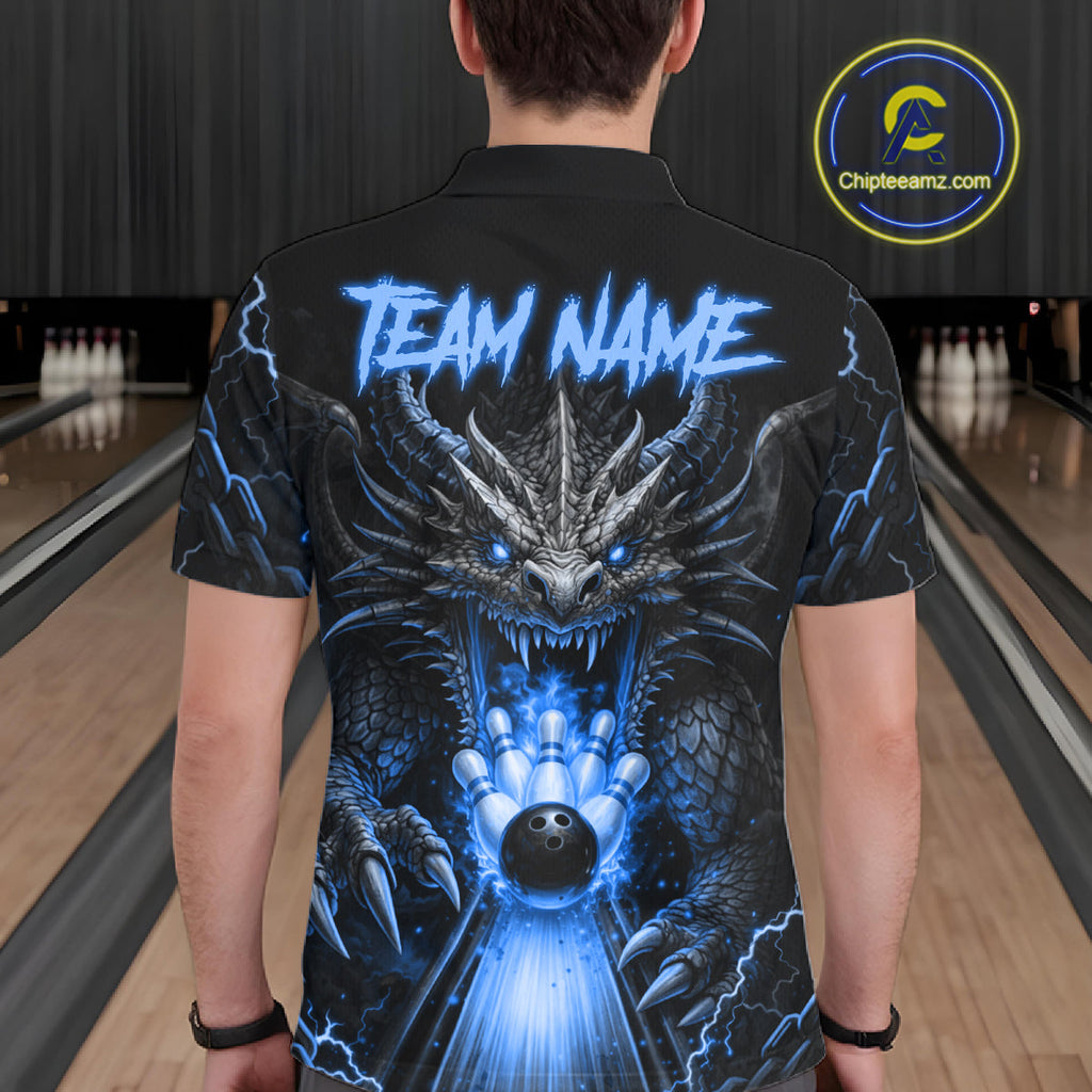 Personalized Dragon Bowling Jersey Custom Blue Flame Bowling Team Shirt Polo & 1/4 Zip