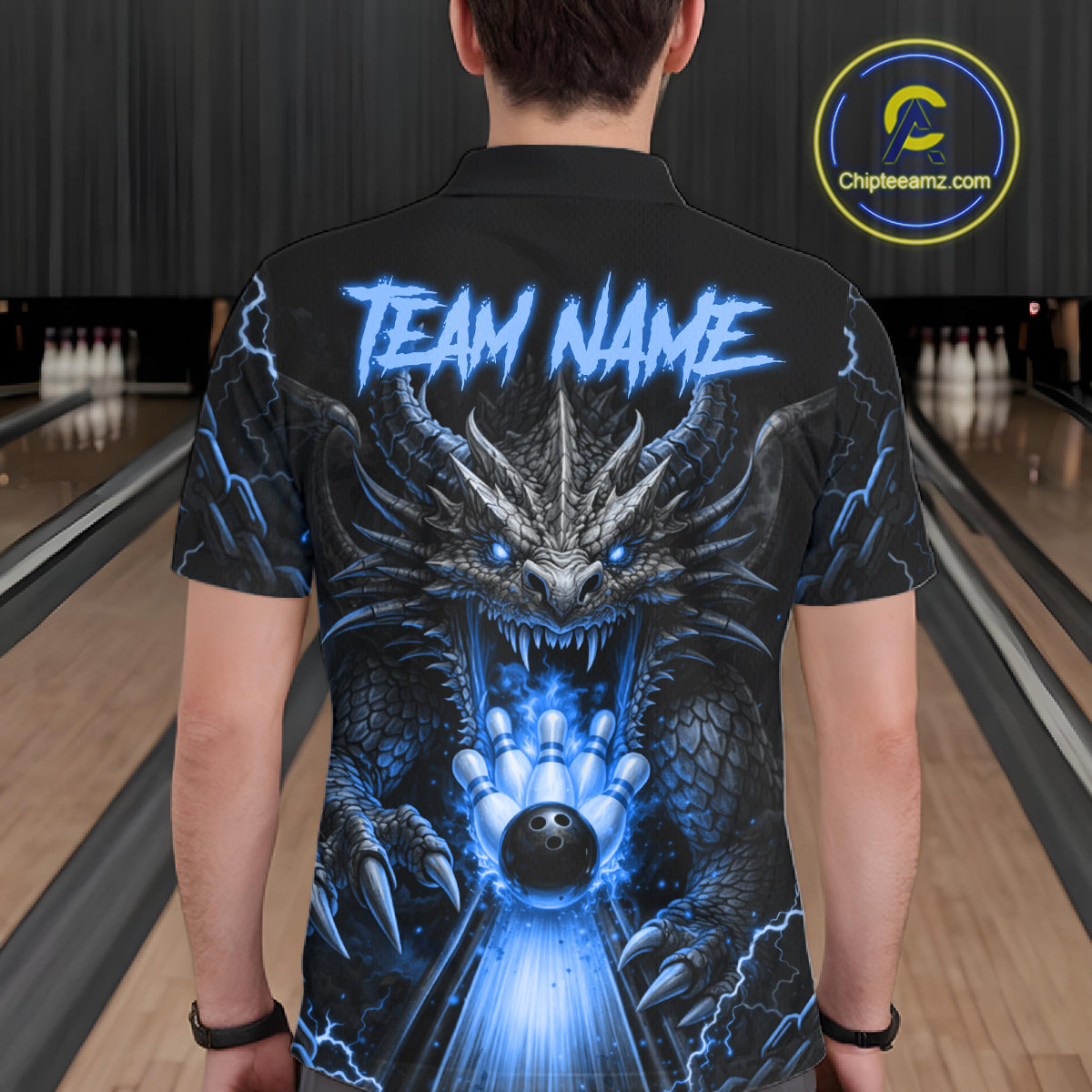Personalized Dragon Bowling Jersey Custom Blue Flame Bowling Team Shirt Polo & 1/4 Zip