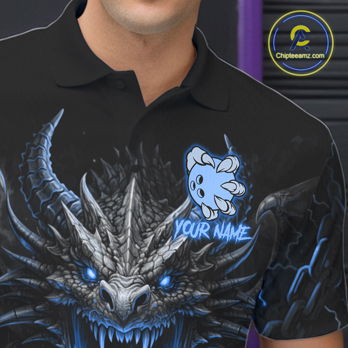 Personalized Dragon Bowling Jersey Custom Blue Flame Bowling Team Shirt Polo & 1/4 Zip