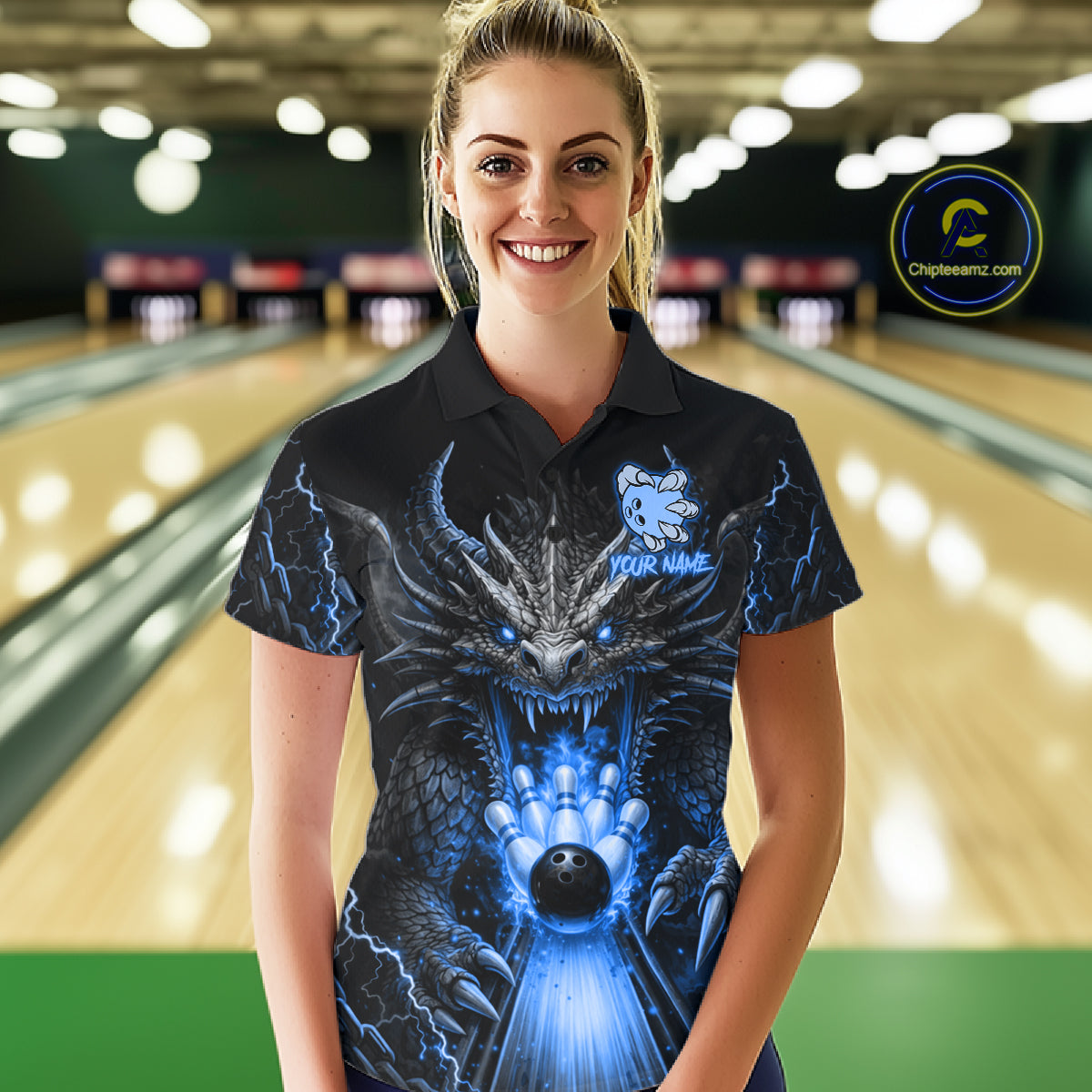 Personalized Dragon Bowling Jersey Custom Blue Flame Bowling Team Shirt Polo & 1/4 Zip