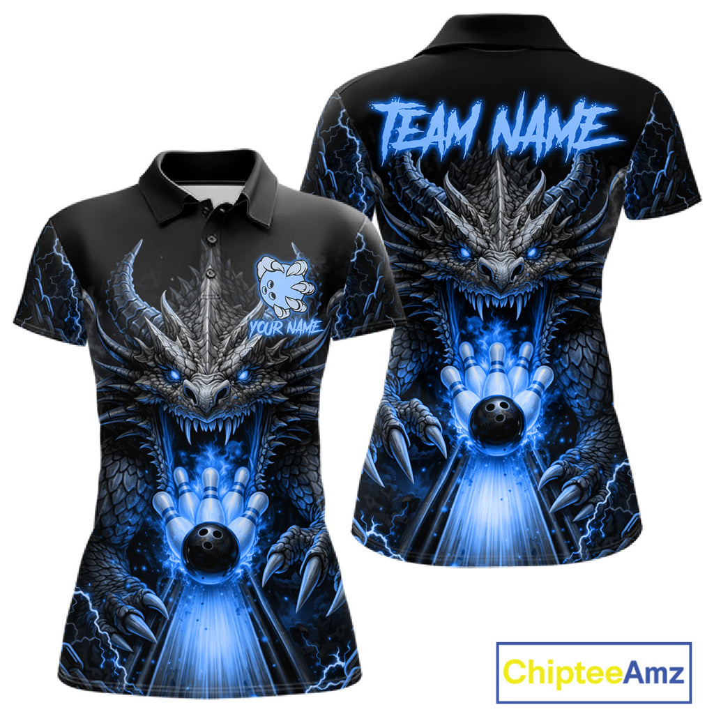Personalized Dragon Bowling Jersey Custom Blue Flame Bowling Team Shirt Polo & 1/4 Zip