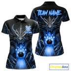 Personalized Dragon Bowling Jersey Custom Blue Flame Bowling Team Shirt Polo & 1/4 Zip