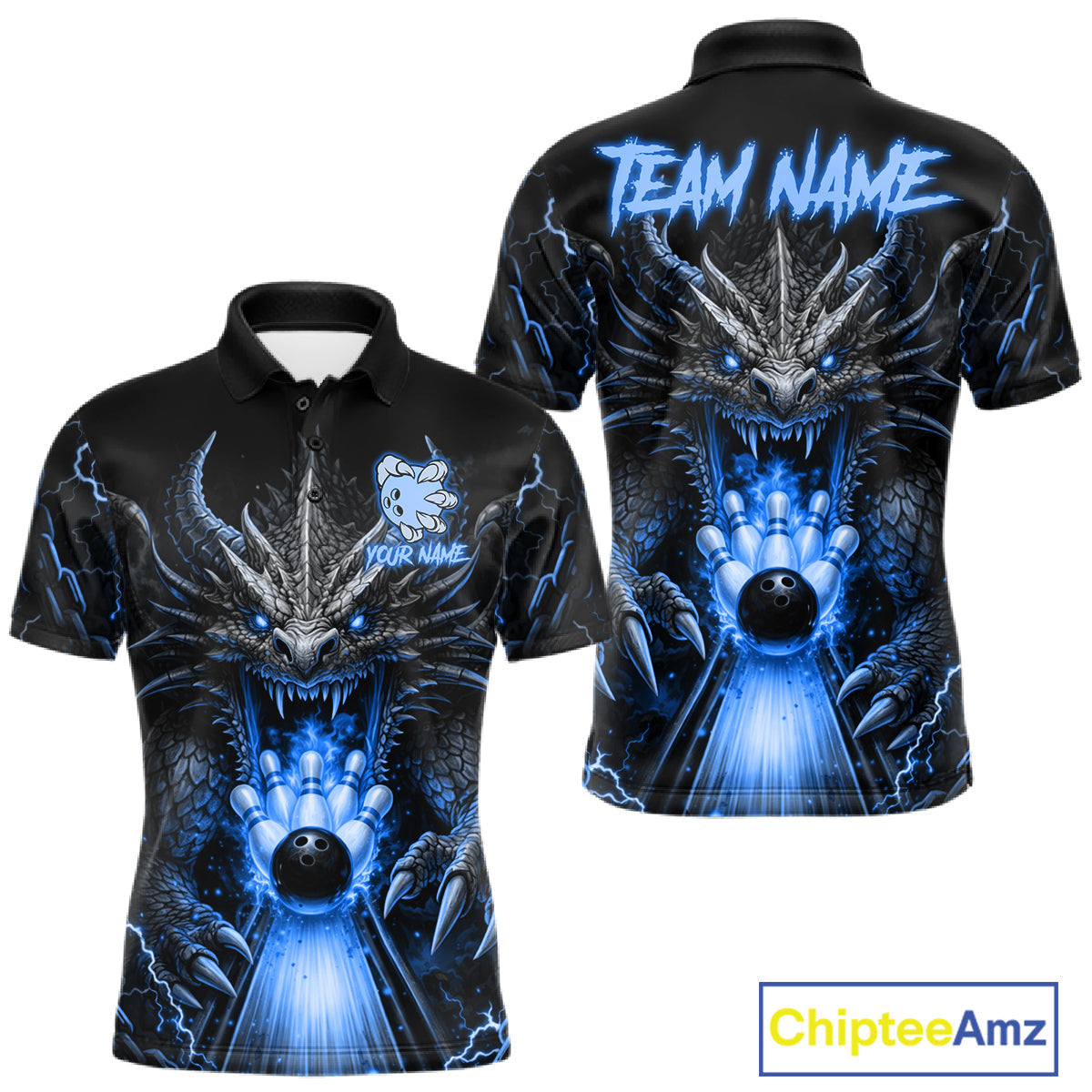 Personalized Dragon Bowling Jersey Custom Blue Flame Bowling Team Shirt Polo & 1/4 Zip