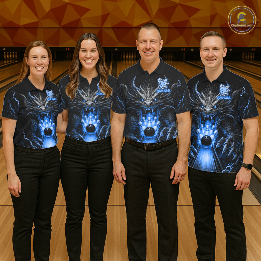 Personalized Dragon Bowling Jersey Custom Blue Flame Bowling Team Shirt Polo & 1/4 Zip
