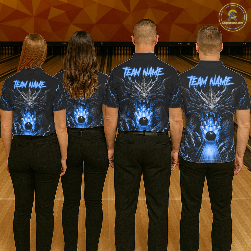 Personalized Dragon Bowling Jersey Custom Blue Flame Bowling Team Shirt Polo & 1/4 Zip