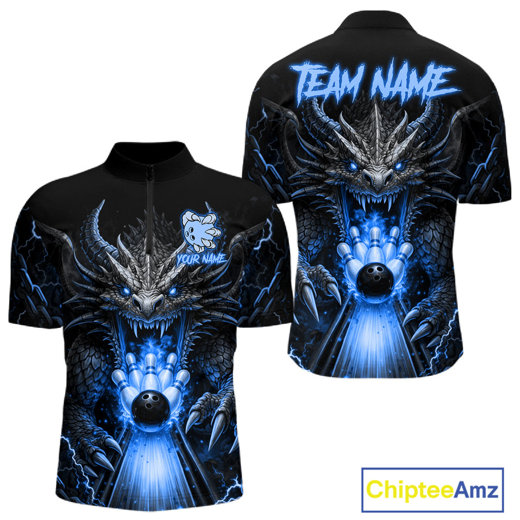 Personalized Dragon Bowling Jersey Custom Blue Flame Bowling Team Shirt Polo & 1/4 Zip