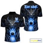 Personalized Dragon Bowling Jersey Custom Blue Flame Bowling Team Shirt Polo & 1/4 Zip