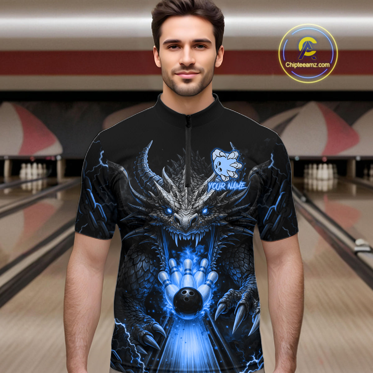 Personalized Dragon Bowling Jersey Custom Blue Flame Bowling Team Shirt Polo & 1/4 Zip